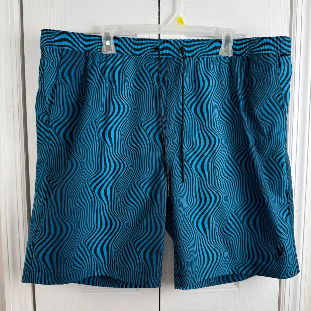 Psycho Bunny Swim Trunks 3XL Blue Wave Print Board Shorts Big & Tall Psychedelic
